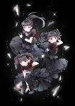  ayumaru_(art_of_life) babymetal bangs black_background black_dress black_hair black_scrunchie blunt_bangs bracelet dress drill_hair fingerless_gloves fox_shadow_puppet frills gloves grin highres jewelry kikuchi_moa looking_at_viewer mizuno_yui multiple_girls nakamoto_suzuka pantyhose petticoat ponytail red_scrunchie scrunchie single_glove smile twin_drills twintails 