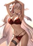  armpits arms_up bangs bare_shoulders black_bow bow bra breasts cleavage commentary dark_skin eyebrows_visible_through_hair fate/grand_order fate_(series) hair_bow hair_ornament highres hips large_breasts long_hair looking_at_viewer mashu_003 multi-strapped_panties navel okita_souji_(alter)_(fate) okita_souji_(fate)_(all) panties red_bra red_panties silver_eyes silver_hair solo thigh_strap thighs underwear very_long_hair 