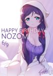  animal_ears animal_hood bangs bed between_legs blue_eyes blush bow breasts character_name closed_mouth collarbone commentary_request dated dress eyebrows_visible_through_hair hair_bow hand_between_legs happy_birthday hood hood_up hooded_jacket jacket langbazi large_breasts long_hair long_sleeves love_live! love_live!_school_idol_project on_bed open_clothes open_jacket pillow purple_dress purple_hair red_bow ribbon-trimmed_dress ribbon_trim signature sitting sitting_on_bed smile solo toujou_nozomi very_long_hair white_jacket 