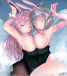  2girls alicemagic ass breasts bunny_girl bunny_hair_ornament cloud giantess gloves huge_breasts huge_giantess multiple_giantesses multiple_girls sky smile tokyo_sky_tree 