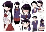  1girl absurdres animal_ears bangs black_hair black_legwear blazer blush bow cat_ears embarrassed excited flower hair_flower hair_ornament hands_on_own_cheeks hands_on_own_face head_steam highres jacket juralumin komi-san_wa_komyushou_desu komi_shouko long_hair looking_at_viewer looking_away multiple_views no_mouth pantyhose pleated_skirt scared shirt simple_background skirt solo_focus striped striped_bow striped_skirt tadano_hitohito trembling white_background white_shirt 