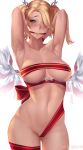  alternate_hairstyle areola_slip areolae armpits arms_up ass_visible_through_thighs bad_id bad_pixiv_id blonde_hair blue_eyes bound bound_wrists breasts cameltoe commentary_request gagged gtunver heart heart-shaped_pupils large_breasts mercy_(overwatch) naked_ribbon navel overwatch pink_mercy ribbon short_twintails simple_background solo stomach symbol-shaped_pupils twintails wings 