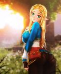  1girl ass blonde_hair blue_top blush braided_hair breasts clothed erect_nipples esther_shen fingerless_gloves gloves green_eyes hair_ornament lips nintendo pants pantylines pointy_ears princess_zelda the_legend_of_zelda the_legend_of_zelda:_breath_of_the_wild thighs 
