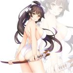  artist_name ass azur_lane bare_shoulders blush bow breasts brown_eyes brown_hair covered_nipples cowboy_shot eyebrows_visible_through_hair floating_hair flower from_side hair_bow hair_flower hair_ornament high_ponytail holding large_breasts long_hair parted_lips solo summer-d_(dodojune) swimsuit sword takao_(azur_lane) very_long_hair weapon white_background white_bow white_swimsuit wooden_sword zoom_layer 