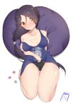  areola_slip areolae azur_lane bare_shoulders black_hair black_panties blue_shirt blush breasts breasts_apart cameltoe cassin_(azur_lane) collarbone condom_wrapper covered_nipples eyebrows_visible_through_hair full-face_blush full_body hair_ornament hair_over_one_eye hairclip heterochromia highres large_breasts long_hair looking_at_viewer low_ponytail mole mole_under_eye oversized_clothes panties romocha_(hosachi3784) shirt shirt_lift solo strap_slip sweatdrop underwear very_long_hair yellow_eyes 