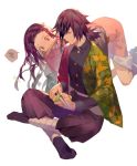  1girl all_fours belt brown_hair brown_pants commentary_request fang haori head_tilt holding holding_weapon indian_style japanese_clothes kamado_nezuko kimetsu_no_yaiba long_hair mouth_hold no_shoes pants purple_hair red_eyes simple_background sitting tabi tomioka_giyuu weapon white_background yamakawa 