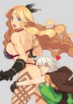  :&gt; absurdres amazon_(dragon's_crown) armor ass bikini_armor black_gloves blonde_hair blue_eyes blush breasts circlet commentary commission dragon's_crown elf elf_(dragon's_crown) english_commentary gloves head_on_butt heart highres hug hug_from_behind leg_tattoo long_hair looking_back multiple_girls open_mouth pointy_ears sideboob silver_hair smile sunna_(nilsunna) sweatdrop tattoo toned 