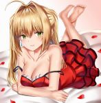  ahoge bad_id bad_pixiv_id bangs bare_shoulders barefoot blonde_hair blush breasts cleavage collarbone commentary_request dress earrings eyebrows_visible_through_hair farys_(afopahqfw) fate/extra fate_(series) feet_up green_eyes hair_between_eyes hair_intakes highres jewelry large_breasts legs long_hair looking_at_viewer lying modern_costume_of_crimson nero_claudius_(fate) nero_claudius_(fate)_(all) on_stomach petals red_dress rose_petals simple_background smile solo twintails white_background 