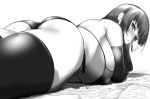  1girl bikini blush breasts city copyright_request crush curvy destruction embarrassed from_below giantess gloves huge_breasts huge_giantess landscape looking_at_viewer looking_back lying monochrome on_stomach puffy_nipples rakia_(ds00309) sideboob solo stockings thick_thighs 