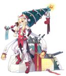  1girl anchor azur_lane bell black_gloves blonde_hair blush boots box candy candy_cane christmas christmas_tree elbow_gloves eyebrows_visible_through_hair food full_body gift gift_box gloves hand_on_hip highres holding holding_lance holding_weapon knee_boots lance lino-lin long_hair looking_at_viewer mittens official_art open_mouth pantyhose polearm purple_eyes red_footwear red_mittens smile solo standing thighhighs transparent_background very_long_hair warspite_(azur_lane) weapon white_legwear 