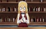  bar bartender black_neckwear blonde_hair blurry blurry_background bottle bow bowtie brown_vest cocktail_shaker coke-bottle_glasses commentary cosplay counter cutlass_(girls_und_panzer) cutlass_(girls_und_panzer)_(cosplay) dress_shirt girls_und_panzer glasses hair_between_eyes handkerchief holding indoors kakizaki_(chou_neji) long_hair long_sleeves looking_at_viewer maid_headdress nekonyaa open_mouth round_eyewear school_uniform shelf shirt smile solo standing upper_body vest white_shirt wing_collar 