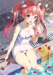  1girl :3 :d aisha_(elsword) bandaid_on_arm bangs bare_arms bare_legs bare_shoulders bendy_straw blush bow breasts cleavage collarbone commentary drinking_straw elsword eyebrows_visible_through_hair fang food fruit hair_bow heart holding knees_together_feet_apart long_hair looking_at_viewer medium_breasts milk_carton old_school_swimsuit one-piece_swimsuit open_mouth pinb poolside purple_eyes red_hair school_swimsuit sidelocks sitting smile soaking_feet socks_removed solo strawberry strawberry_milk swimsuit symbol_commentary twintails very_long_hair water wet white_bow white_legwear white_school_swimsuit white_swimsuit 