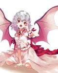  arm_support bangs bat_wings between_legs eyebrows_visible_through_hair fangs frilled_shirt frilled_shirt_collar frilled_sleeves frills hand_between_legs hand_to_head highres kneeling lavender_hair long_skirt looking_at_viewer nuqura open_mouth puffy_short_sleeves puffy_sleeves red_eyes red_ribbon remilia_scarlet ribbon shirt short_hair short_sleeves simple_background sitting skirt solo touhou wariza white_background white_shirt white_skirt wings wrist_cuffs 