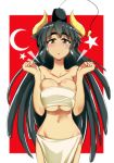  :o bandeau bangs black_hair black_hat blush breast_squeeze breasts brown_eyes collarbone crescent demon_horns facial_mark fez_hat hat highres horns large_breasts long_hair looking_down navel original ryuu_tou solo turkey turkey_(country) turkish_flag very_long_hair 