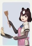  :d animal_ears apron bangs bear_ears bear_girl black_gloves black_skirt blue_neckwear bob_cut border bow bowtie breasts brown_bear_(kemono_friends) brown_eyes brown_hair cinko17817 collared_shirt commentary cooking elbow_gloves eyelashes fingerless_gloves flipping_food food fried_rice from_side frying_pan gloves grey_background hair_between_eyes hands_up happy highres holding holding_frying_pan holding_spatula kemono_friends looking_at_viewer looking_to_the_side medium_breasts multicolored_hair open_mouth outside_border parted_bangs pink_apron raised_eyebrows rounded_corners shirt short_hair short_sleeves simple_background skirt smile solo spatula standing two-tone_hair upper_body wavy_hair white_border white_hair white_shirt wing_collar 
