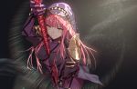  absurdres arm_up bangs between_breasts bodysuit breasts closed_mouth commentary_request cosplay eyebrows_visible_through_hair fate/grand_order fate_(series) gae_bolg highres holding long_hair medb_(fate)_(all) medb_(fate/grand_order) medium_breasts pink_hair purple_bodysuit rolua scathach_(fate)_(all) scathach_(fate/grand_order) scathach_(fate/grand_order)_(cosplay) solo veil very_long_hair yellow_eyes 