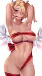  alternate_hairstyle areola_slip areolae armpits arms_up ass_visible_through_thighs blonde_hair blue_eyes bound bound_wrists breasts cameltoe commentary gagged gtunver heart heart-shaped_pupils large_breasts md5_mismatch mercy_(overwatch) naked_ribbon navel overwatch pink_mercy ribbon short_twintails simple_background solo stomach symbol-shaped_pupils twintails wings 