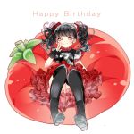  ayumaru_(art_of_life) babymetal bangs black_gloves black_hair black_legwear blush boots cushion eyebrows_visible_through_hair fingerless_gloves gloves happy_birthday long_hair looking_at_viewer mizuno_yui reclining red_skirt simple_background single_glove skirt solo thighhighs tomato twintails v white_background 