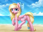  2018 anus beach blonde_hair blue_eyes butt cloud cutie_mark equine eyebrows eyelashes fan_character feathered_wings feathers female feral hair hair_bow hair_ribbon hooves krrrokozjabrra long_hair looking_at_viewer mammal my_little_pony nude open_mouth open_smile outside pegasus pink_feathers portrait presenting pussy ribbons seaside sky smile solo sunshine tongue underhoof walking water wings 
