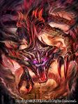  claws commentary_request dragon flying glowing glowing_eyes highres monster official_art open_mouth outdoors pink_eyes ruins seisen_cerberus sharp_teeth spikes teeth watermark z.dk 