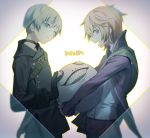  :d belt black_choker black_gloves black_jacket black_pants blonde_hair blue_eyes blue_hair bright_pupils character_request choker closed_mouth copyright_request emil_(nier) from_side gloves jacket long_sleeves looking_at_viewer looking_to_the_side multiple_boys nier_(series) nier_automata open_mouth pants parted_lips profile purple_jacket red_eyes shirt smile white_shirt yamakawa yorha_no._9_type_s 
