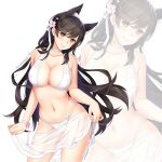  animal_ears artist_name atago_(azur_lane) azur_lane bikini blush breasts brown_eyes brown_hair choker closed_mouth collarbone contrapposto cowboy_shot extra_ears eyebrows_visible_through_hair flower hair_flower hair_ornament head_tilt holding large_breasts long_hair looking_at_viewer mole mole_under_eye navel sarong smile solo standing summer-d_(dodojune) swimsuit very_long_hair white_background white_bikini zoom_layer 