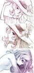  1girl breasts commentary_request curly_hair dragon_quest dragon_quest_vii dress hat highres long_hair maribel_(dq7) mayakaek monochrome nude solo 
