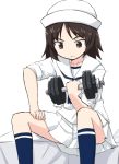  bangs black_eyes black_hair blouse closed_mouth dixie_cup_hat dumbbell girls_und_panzer hand_on_leg hat holding kakizaki_(chou_neji) light_frown long_hair long_sleeves military_hat miniskirt murakami_(girls_und_panzer) navy_blue_legwear navy_blue_neckwear neckerchief ooarai_naval_school_uniform pleated_skirt print_legwear sailor sailor_collar school_uniform simple_background sitting skirt sleeves_rolled_up socks solo weightlifting weights white_background white_blouse white_hat white_skirt 