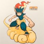 2018 4_toes 5_fingers alternate_color ambiguous_gender anthro athletic biped black_eyes blue_fur cheek_tuft chinese_mythology circlet cloud crossover crotch_tuft english_text fak&eacute;mon feet fire firefightdex fist flaming_hair fluffy flying_nimbus foreshortening front_view full-length_portrait fur hair hatching_(technique) head_tuft hi_res humanoid_feet humanoid_hands infernape leg_tuft looking_at_viewer mammal marker_(artwork) mfanjul mixed_media monkey_king mostly_nude multicolored_fur mythology nintendo pen_(artwork) plantigrade pok&eacute;mon pok&eacute;mon_(species) portrait primate pseudo_clothing raised_heel riding shadow shoulder_tuft simple_background small_pupils solo spread_arms spread_legs spreading standing sun_wukong tan_skin text toes toony traditional_media_(artwork) tuft two_tone_fur video_games white_background wide_stance yellow_fur 