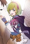  armor belt belt_pouch blue_eyes blue_gloves breastplate cape commentary_request fingerless_gloves fire_emblem fire_emblem:_rekka_no_ken fire_emblem_heroes from_side gloves green_hair hairband highres hoshigaki_(hsa16g) looking_to_the_side miniskirt nino_(fire_emblem) open_mouth pegasus pouch short_hair shoulder_armor skirt solo white_skirt 