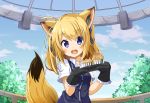  :d animal_ears blonde_hair blue_eyes chaakusu cloud commentary_request day food fox_ears fox_tail gloves hair_ribbon highres long_hair muffin open_mouth phantasy_star phantasy_star_online_2 ribbon shirt short_sleeves smile tail tree twintails vest white_shirt 