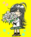  ahoge black_hair bouquet brown_footwear charles_schulz_(style) closed_eyes closed_mouth flower full_body girls_und_panzer green_skirt happy heart isuzu_hana lenny-tree long_hair ooarai_school_uniform parody peanuts school_uniform serafuku shoes skirt smile solo standing style_parody wavy_mouth yellow_background 