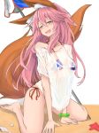  animal_ear_fluff animal_ears bangs beach_umbrella bikini bikini_under_clothes blue_bikini blush bracelet breasts collarbone commentary_request eyebrows_visible_through_hair fang fate/extra fate/grand_order fate_(series) fox_ears fox_tail hair_between_eyes jewelry kneeling long_hair looking_at_viewer off_shoulder open_mouth parasol pink_hair shirt side-tie_bikini simple_background smile solo starfish swimsuit tail tamamo_(fate)_(all) tamamo_no_mae_(swimsuit_lancer)_(fate) umbrella wet wet_clothes wet_shirt wet_t-shirt white_background yellow_eyes yuuka_(a0240765) 