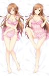  asuna_(sao) barefoot blush braid breasts breasts_apart brown_eyes brown_hair collarbone dakimakura eyebrows_visible_through_hair frills from_above full_body furrowed_eyebrows hand_on_own_breast head_tilt knees_together_feet_apart lingerie long_hair looking_at_viewer lying medium_breasts multiple_views negligee off_shoulder on_back panties parted_lips strap_pull summer-d_(dodojune) sword_art_online underwear very_long_hair white_panties 