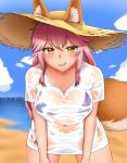  1nilla' :q animal_ear_fluff animal_ears bangs beach bikini blue_bikini blush breasts covered_navel cowboy_shot day ears_through_headwear eyebrows_visible_through_hair fate/grand_order fate_(series) fox_ears fox_print fox_tail hat heart heart-shaped_pupils highres large_breasts leaning_forward licking_lips long_hair looking_at_viewer ocean outdoors pink_hair see-through shirt side-tie_bikini sky solo straw_hat sun_hat swimsuit symbol-shaped_pupils tail tamamo_(fate)_(all) tamamo_no_mae_(fate) tamamo_no_mae_(swimsuit_lancer)_(fate) tongue tongue_out wet wet_clothes wet_shirt wet_t-shirt yellow_eyes 