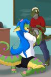  2018 anthro blue_hair blush breasts cainesart camel_toe chalkboard classroom clothed clothing crocodile crocodilian desk duo erection eyewear fellatio female gecko geecku glasses green_body hair hi_res inside jeans las_lindas lizard long_hair male male/female mogmaw non-mammal_breasts open_mouth oral pants penis purple_stripes reptile scalie school sex shirt shorts standing stripes student teacher teacher_and_student tongue tongue_out yellow_body yellow_eyes 