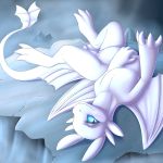  2018 dragon evilymasterful female how_to_train_your_dragon light_fury lying membranous_wings nubless nude on_back pussy rock scalie smile solo wings 