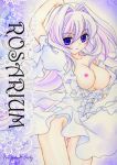  arm_over_head bangs blue_eyes blush breasts colored_pencil_(medium) doujin_cover dress eyebrows_visible_through_hair frill frilled_dress hair_between_eyes ichinose_yumiko_cristina large_breasts long_hair milkcrown20 nipples text_focus traditional_media watercolor_(medium) white_dress yoku_wakaru_gendai_mahou 