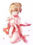  ahoge bangs barefoot blonde_hair braid breasts covering covering_breasts eyebrows_visible_through_hair fate/extra fate_(series) from_above full_body green_eyes hair_bun hair_intakes hair_ribbon highres kneeling large_breasts looking_at_viewer nero_claudius_(fate) nero_claudius_(fate)_(all) nude open_mouth red_ribbon ribbon smile solo yuzuki_tsuzuru 