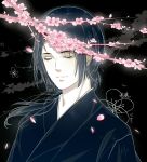  black_background black_hair closed_eyes emo_(demon) facing_viewer flower long_hair male_focus petals plum plum_blossoms rokuhoudou_yotsuiro_biyori samue solo tokitaka_nagae upper_body 