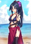  android bangs bare_shoulders beach black_hair blue_bikini_top blue_sky blush breasts cleavage collarbone commentary_request day fate/grand_order fate_(series) flower front-tie_top hair_flower hair_ornament highres katou_danzou_(fate/grand_order) long_hair looking_at_viewer medium_breasts ocean open_mouth parted_bangs ponytail purple_sarong robot_joints sarong sebire sidelocks sky solo yellow_eyes 