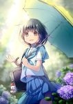  :d bag bag_charm bangs black_hair blue_neckwear blue_sailor_collar blue_skirt brown_eyes charm_(object) commentary_request day eyebrows_visible_through_hair flower green_umbrella holding holding_umbrella hydrangea kuga_tsukasa looking_at_viewer neckerchief open_mouth original outdoors pleated_skirt purple_flower sailor_collar school_bag school_uniform serafuku shirt short_sleeves skirt smile solo sunlight teruterubouzu umbrella water_drop white_shirt 