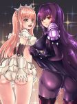  2girls artist_request ass ass_grab bare_shoulders blonde_hair blush bodysuit breasts crown elbow_gloves fang fate/grand_order fate_(series) from_behind gloves large_breasts long_hair looking_at_viewer looking_back medb_(fate/grand_order) multiple_girls open_mouth panties pantyhose purple_hair red_eyes scathach_(fate/grand_order) shiny shiny_hair sideboob skirt skirt_hold skirt_lift smile thighhighs very_long_hair yellow_eyes 