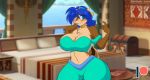  2018 anthro beckoning big_breasts blue_eyes blue_hair blush breasts brown_fur chipmunk cleavage clothed clothing day detailed_background female fur hair inside mammal mastergodai midriff multicolored_fur navel patreon rally_ryder rodent seductive solo thick_thighs two_tone_fur voluptuous wide_hips 
