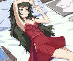  armpits bare_arms bare_shoulders bed bed_sheet bedroom blush breasts cleavage eyebrows green_eyes green_hair half-closed_eyes highres hiyajou_maho indoors lingerie long_hair lying menomorute messy_hair nightgown on_back panties red_panties see-through small_breasts solo steins;gate steins;gate_0 strap_slip underwear very_long_hair 