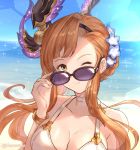  ;) artist_name bangs beach bikini bracelet breasts brown_eyes brown_hair commentary_request day flower granblue_fantasy hair_flower hair_ornament hairband hanosuke head_wings highres jewelry looking_at_viewer one_eye_closed smile song_(granblue_fantasy) sunglasses swimsuit 