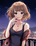  backlighting bare_shoulders blue_eyes breasts brown_hair camisole cityscape cleavage collarbone eyebrows_visible_through_hair finger_to_mouth green_eyes heart heart_necklace heterochromia idolmaster idolmaster_cinderella_girls jewelry lace_trim lips looking_at_viewer medium_breasts mole mole_under_eye necklace night night_sky off_shoulder pinkiepies2 railing short_hair sky smile solo star_(sky) starry_sky takagaki_kaede upper_body 