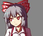  bangs bow collarbone commentary english_commentary eyebrows_visible_through_hair eyelashes fujiwara_no_mokou grey_background hair_bow long_hair looking_to_the_side portrait red_bow red_eyes shirt silver_hair simple_background solo suspenders touhou white_pupils white_shirt wing_collar wool_(miwol) 