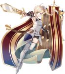  ahoge armor bangs bare_shoulders bike_shorts blonde_hair blue_eyes boots braid chateau_de_chinon_(oshiro_project) elbow_gloves fingerless_gloves full_body gloves hair_ornament holding holding_shield holding_sword holding_weapon looking_at_viewer natuki_miz oshiro_project oshiro_project_re shield side_ponytail solo swept_bangs sword thigh_boots thighhighs transparent_background weapon 