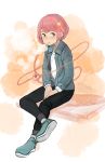  absurdres alternate_costume bags_under_eyes bob_cut casual cigarette contemporary flat_chest highres jacket komeiji_satori looking_at_viewer open_clothes open_jacket pants permanentlow pink_hair shoes short_hair sitting smoking sneakers solo third_eye touhou 